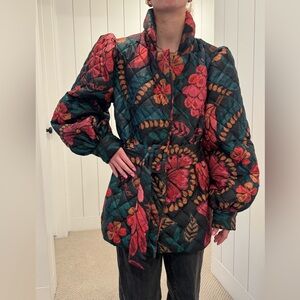Farm Rio Quilted Floral Belted Puffer Jacket XS Botanical Print